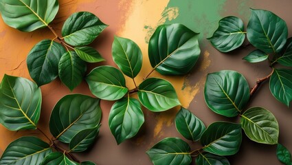 Lush Green Leaves Arranged Over an Earthy Toned Background for Natural and Organic Themes