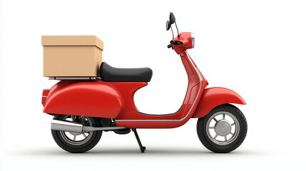 Fototapeta premium A red delivery scooter equipped with a securely attached beige food box, designed for fast and efficient transportation of meals to customers isolated on white background