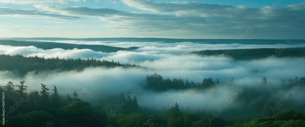 Poster dramatic landscape of lush green forest covered in low clouds and fog during dawn with layered mount