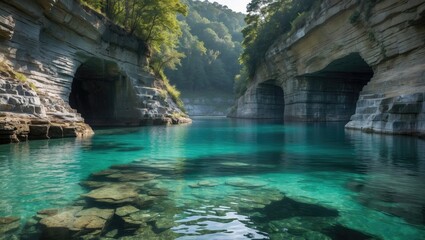 Serene turquoise waters reflecting cliffs and lush greenery in a tranquil river canyon with natural stone arches Copy Space