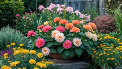 Vibrant Flowering Plant Arrangement in a Lush Garden Setting with Colorful Blooms and Green Foliage