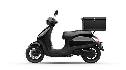 A black delivery scooter equipped with a securely attached black  food box, designed for fast and efficient transportation of meals to customers isolated on white background