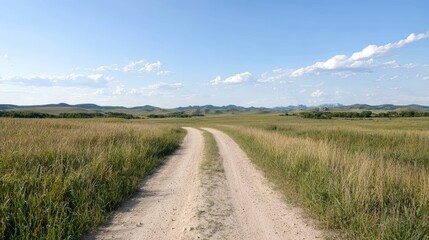 Fototapeta premium Open dirt road through tall grass field with distant hills under a partly cloudy sky. Possible use nature background