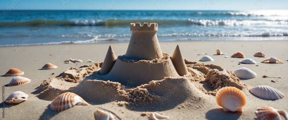 Poster sandcastle on the beach with seashells in the foreground and ocean waves in the background during a 