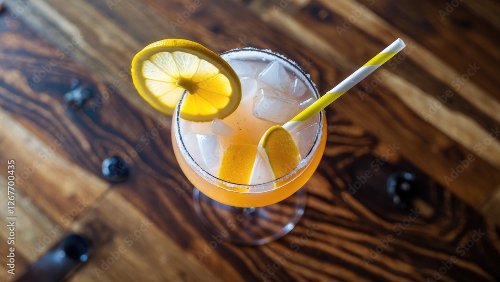 Poster refreshing cocktail with lemon slice and straw served over ice on wooden table top with elegant pres