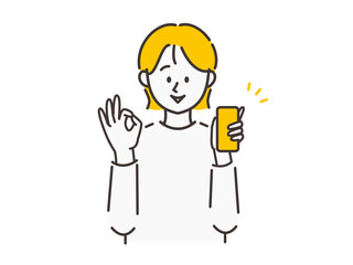 スマートフォンを片手に持ってOKのポーズをしている女性