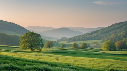 Fototapeta premium Lush green landscape with rolling hills and trees under a soft morning light serene natural scenery with copy space