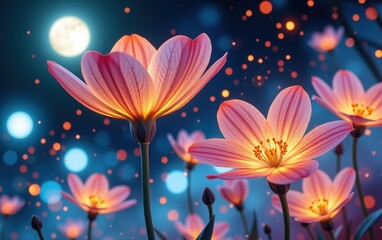  stunning close-up of vibrant, glowing flowers in full bloom, illuminated with soft golden light. The petals exhibit 