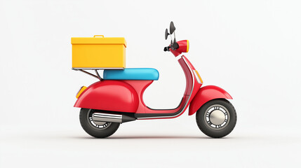 Obraz premium A red delivery scooter equipped with a securely attached yellow food box, designed for fast and efficient transportation of meals to customers isolated on white background