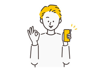 スマートフォンを片手に持ってOKのポーズをしている男性