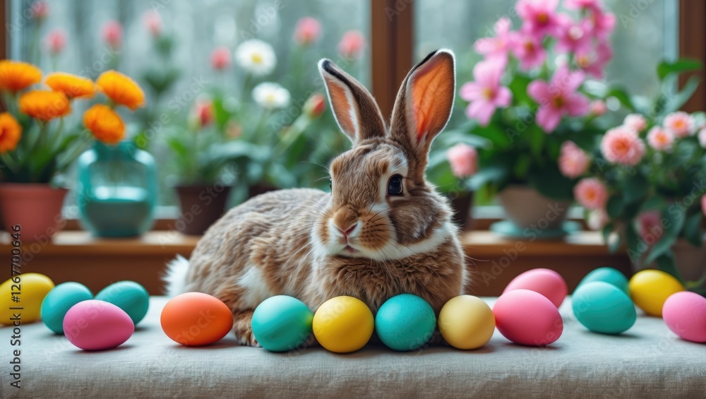 Poster rabbit sitting on a table surrounded by colorful easter eggs with flowers in the background and natu