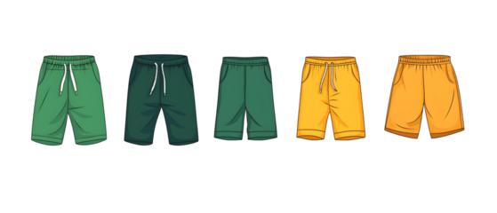 Three different colored shorts and a yellow shirt are shown. The shorts are blue, white, and black. The image is a cartoon of a person's outfit