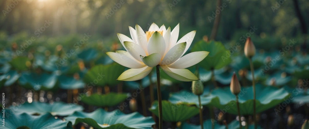 Poster white lotus flower blooming in a tranquil pond surrounded by green lily pads and soft sunlight filte