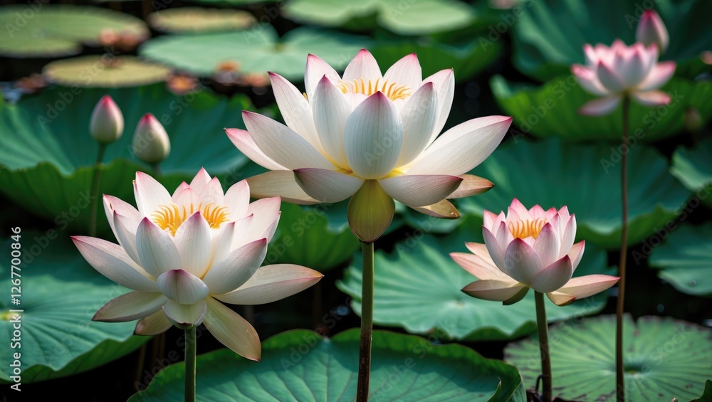 Poster white lotus flowers blooming above green lily pads in a tranquil pond setting with a soft focus back