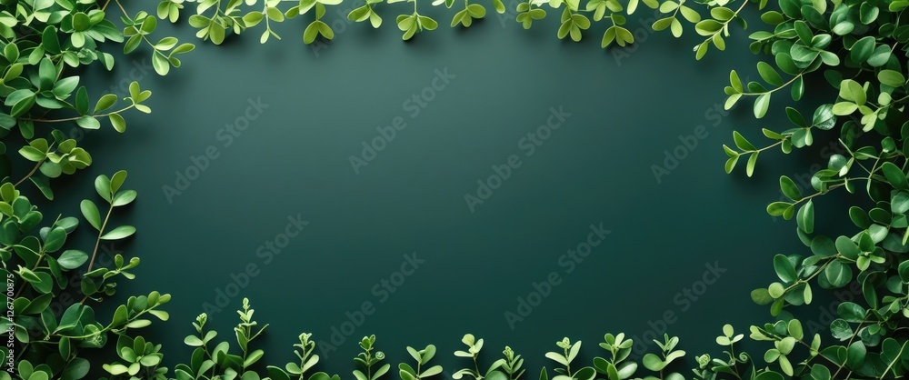 Poster lush green leaves creating a natural frame with blank space for text or branding on a dark backgroun