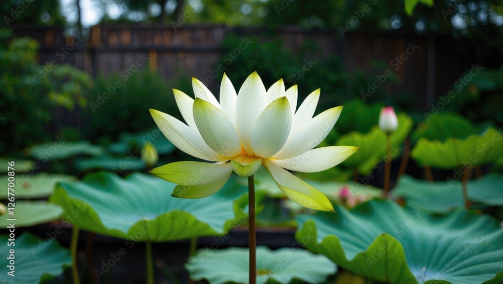 Poster white lotus flower with green leaves in a natural pond setting with blurred background and ample cop