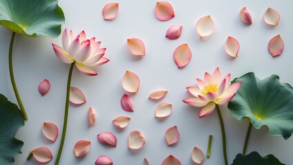 Lotus flowers and petals arranged on a white background with green lily pads and ample copy space for text placement