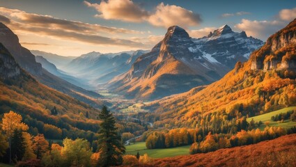 Majestic Autumn Landscape with Mountains and Vibrant Foliage under Scenic Sunset Lighting
