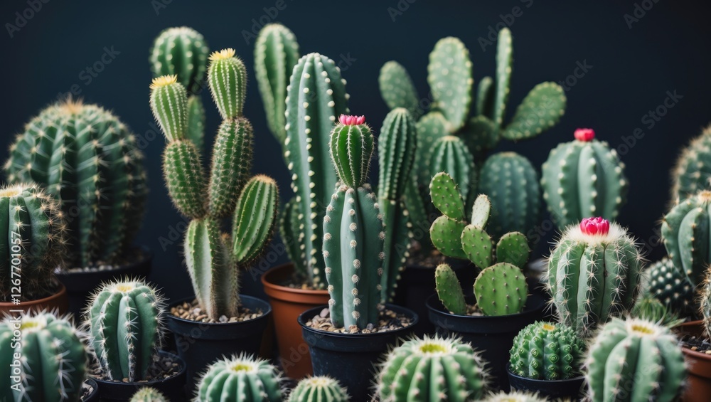 Poster assorted cacti varieties in pots with colorful flowers against a dark background suitable for botani