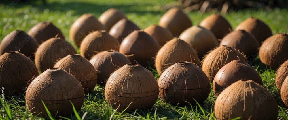 Poster coconut shells arranged in a field with sunlight casting shadows on the grass copy space