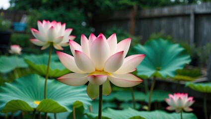 Fototapeta premium Lotus flowers blooming in a serene garden setting with green leaves and a blurred background featuring wooden fence Copy Space