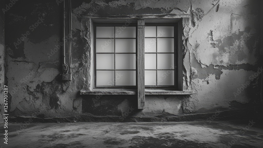 Poster grunge black and white interior with a broken window and peeling walls creating a moody atmosphere f
