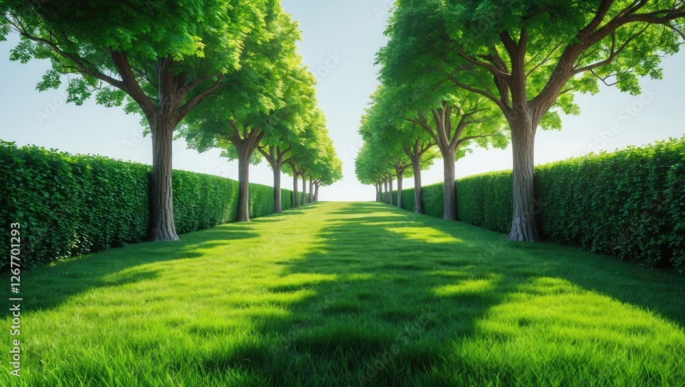 Poster lush green pathway lined with trees and hedges under clear sky showcasing vibrant grass with ample c