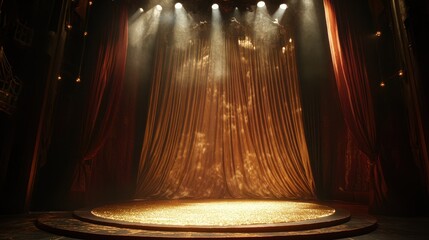 Dramatic Stage with Golden Spotlight and Curtains