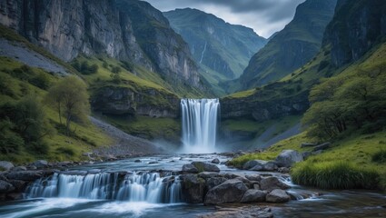 Fototapeta premium Majestic waterfall cascading down rocky cliffs surrounded by lush green mountains and dramatic clouds for nature landscape imagery Copy Space