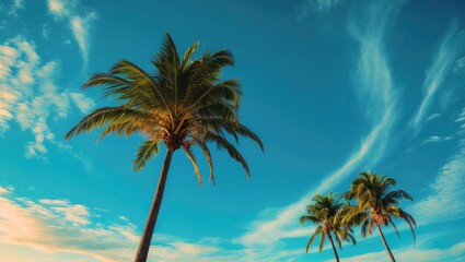 Tropical palm trees against a blue sky with clouds in a serene landscape Copy Space
