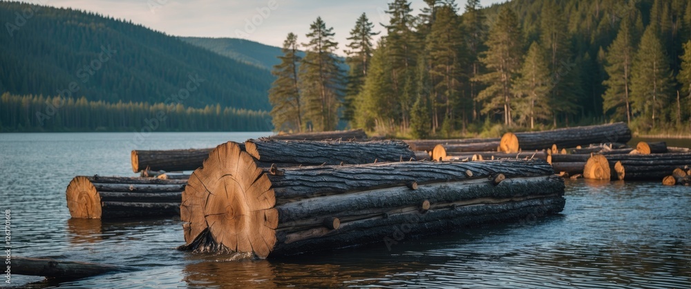 Poster logs floating on a calm lake surrounded by trees and mountains during golden hour copy space