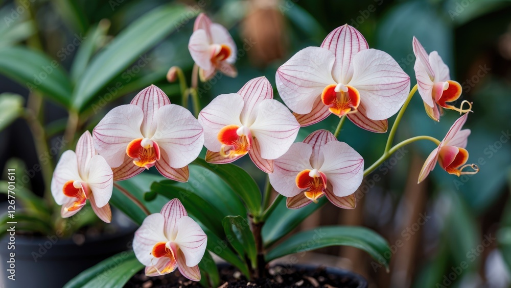 Poster elegant paphiopedilum orchids in bloom with greenery background and empty space for text or messages