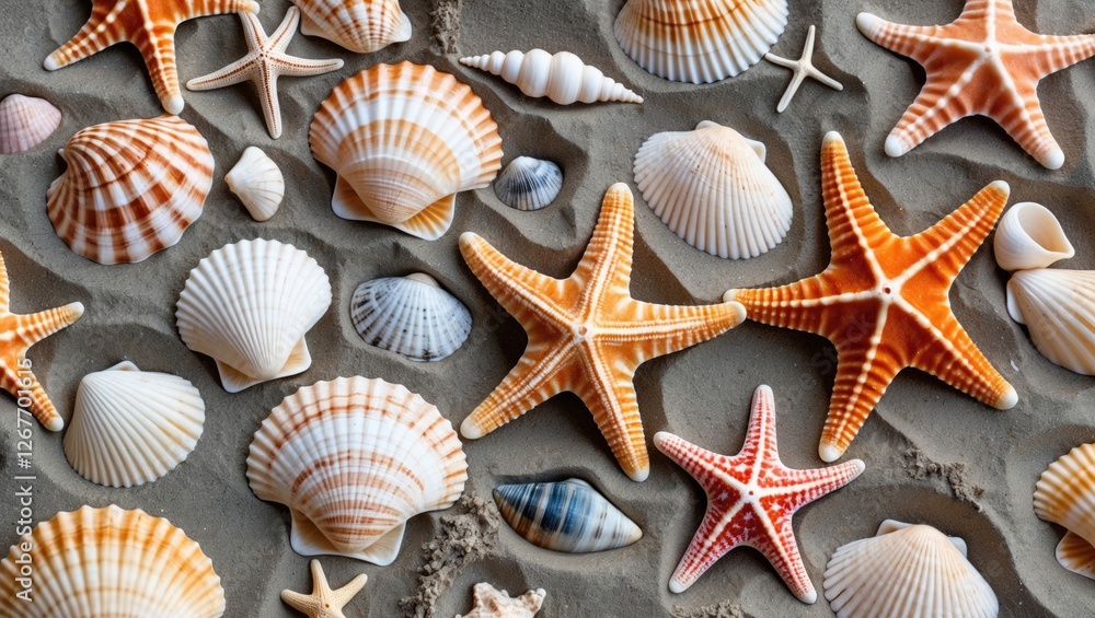 Poster colorful seashells and starfish arranged on soft beach sand with room for custom text or design enha