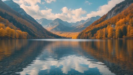 Obraz premium Tranquil Autumn Landscape with Mountain Reflections and Crystal Clear Lake at Sunset in Vibrant Orange and Yellow Hues