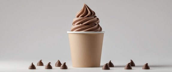 Chocolate soft serve ice cream in a blank cardboard cup on white background with chocolate drops around for dessert mockup or advertising use