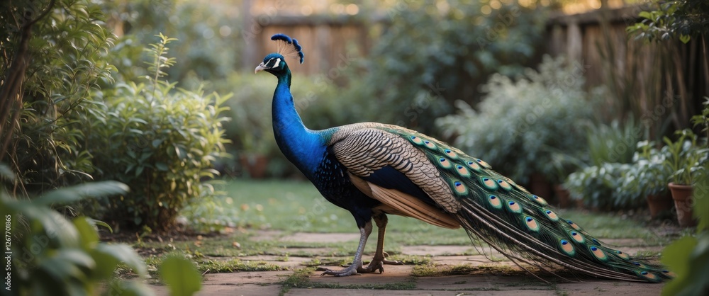 Poster elegant peacock displaying its vibrant plumage in a serene garden setting with space for text overla