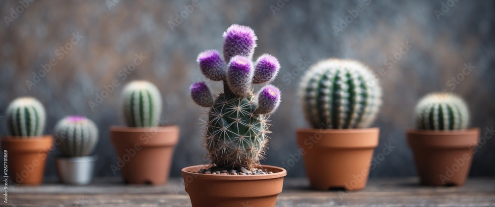 Poster colorful cactus arrangement in pots with blurred background showcasing multiple varieties of cacti i