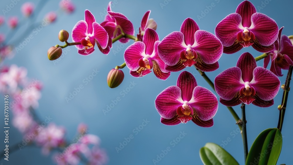 Poster vibrant red orchid flowers with soft blue background and space for custom text or graphics