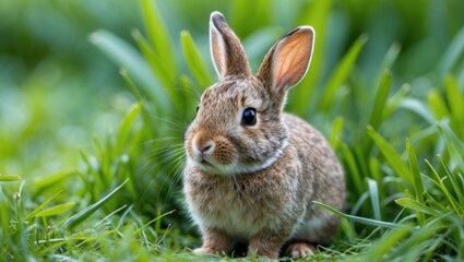 Close-up of a brown rabbit sitting in green grass with clear details and soft focus background ideal for nature themes Copy Space