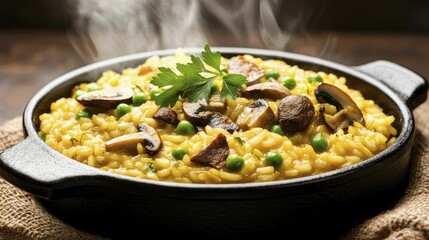 Decadent risotto with saffron, mushrooms, and peas, simmered to perfection in a cast-iron pot, with steam wafting and topped with fresh herbs.
