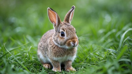 Wild rabbit sitting on green grass with alert expression and soft fur Copy Space