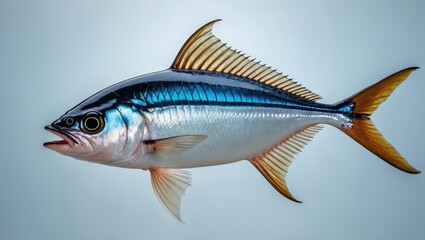 Obraz premium Blue fish with elongated body and sharp fins swimming against a soft background suitable for educational or commercial use Copy Space