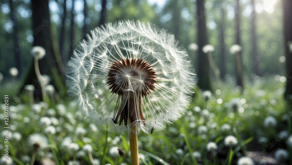 Poster dandelion in the forest close-up capturing nature's beauty with gentle light and shallow depth of fi