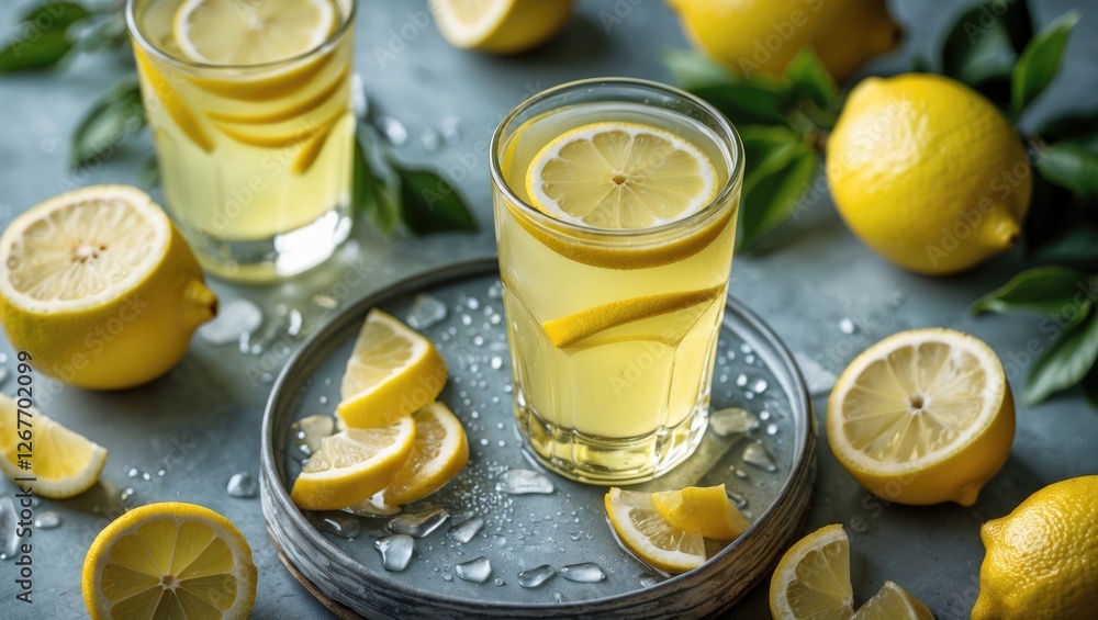 Poster fresh lemon drinks in glasses garnished with lemon slices surrounded by lemons and ice on a textured