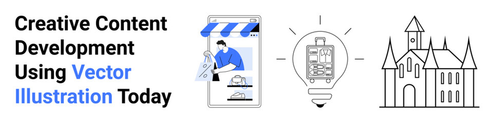 Mobile app design screen with architect, glowing lightbulb idea, linear artistic castle structure. Ideal for app design, creativity, innovation, education, architecture, storytelling flat landing