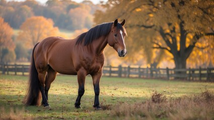 Majestic Horse Standing in a Lush Pasture Surrounded by Vibrant Autumn Foliage with Golden Trees in the Background