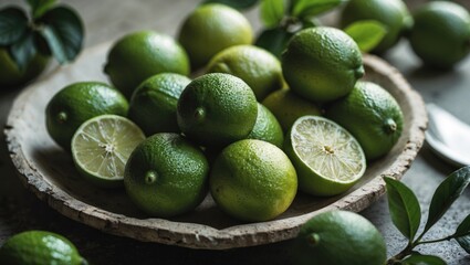 Fresh green limes with cut lime halves displayed on a wooden platter surrounded by lime leaves and natural light. Copy Space