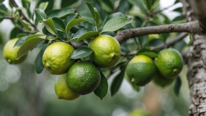 Fresh green limes and lemons growing on tree branches with lush green leaves and natural blurred background Copy Space