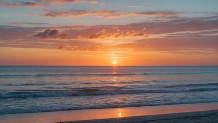 Fototapeta premium Tranquil Sunset Over Calm Ocean Waves with Serene Beach Landscape and Space for Textual Overlay