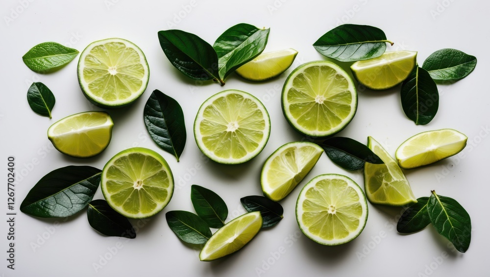 Poster sliced limes and green leaves arranged on a light background with ample copy space for text placemen